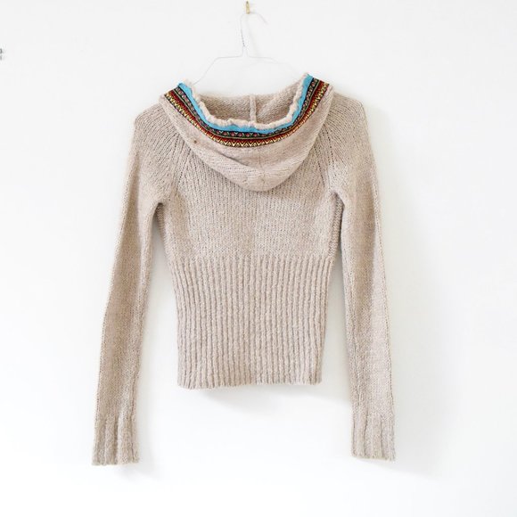 FREE PEOPLE Tan Klara Wool Cable Knit Embroidered Trim Button Cardigan | Size XS - Picture 2 of 11